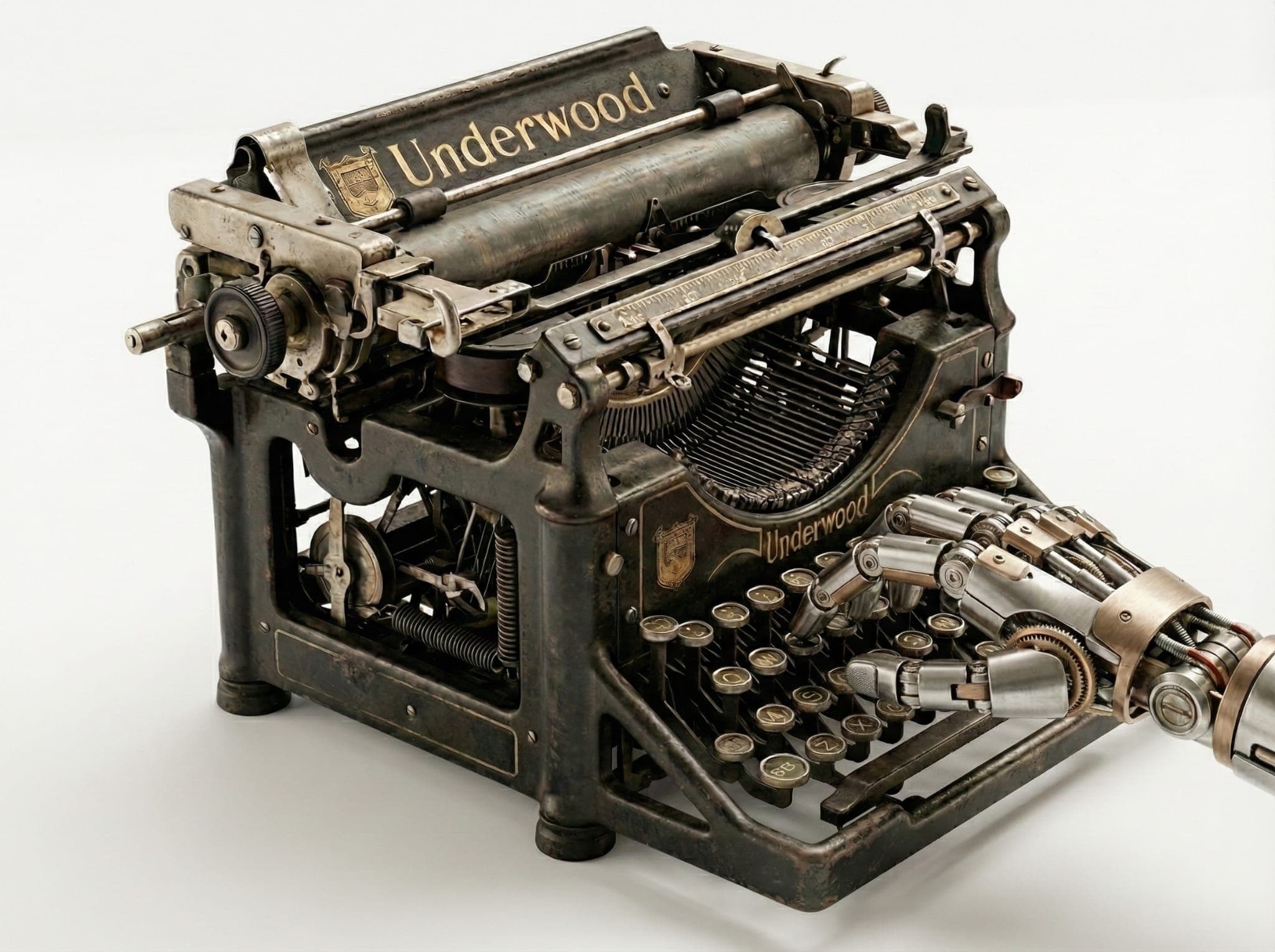 Maszyna do pisania Underwood z robotyczną ręką — tradycja spotyka AI